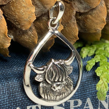 Load image into Gallery viewer, Highland Cow Necklace, Scotland Jewelry, Thistle Jewelry, Celtic Jewelry, Scotland Cow, Hairy Coo Gift, Animal Lover, Cow Jewelry, Mom Gift
