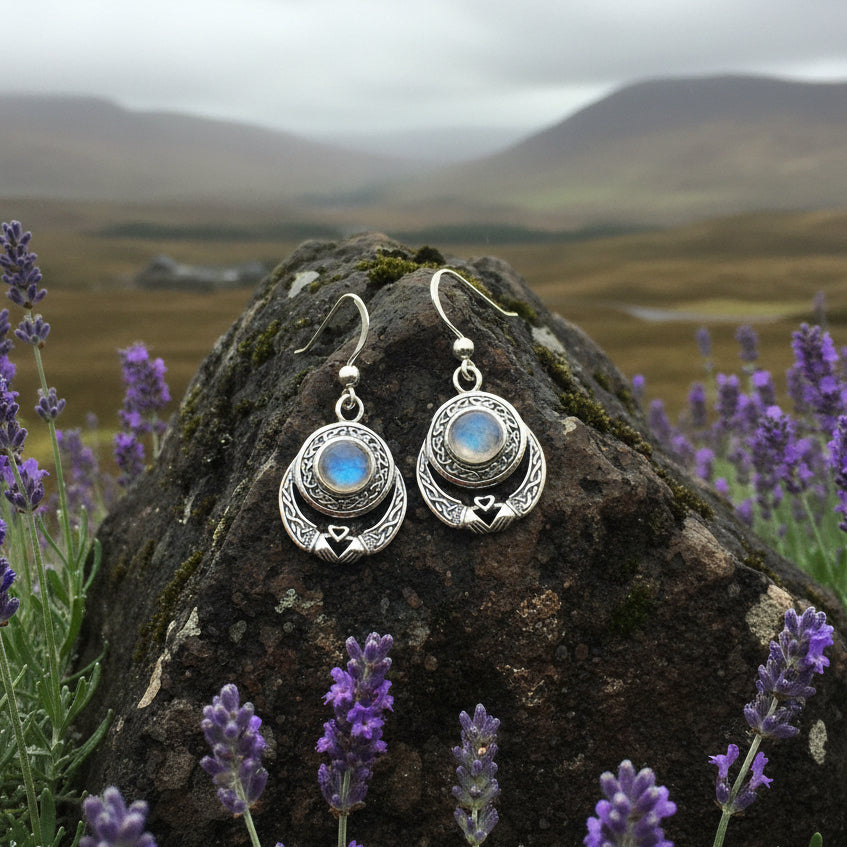 Tess Irish Claddagh Moonstone Earrings in Sterling Silver — view 4