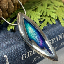 Load image into Gallery viewer, Sterling Silver Northern Lights Necklace is a reminder of the night sky spectacle as seen from the Scotland and other parts of the world. The colors of the northern lights are in enamel. Aurora Borealis pendant.
