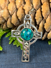 Load image into Gallery viewer, Celtic Cross Necklace, Celtic Jewelry, Scotland Jewelry, Anniversary Gift, Heather Gem, Mom Gift, Scotland Jewelry, Scotland Cross, Dad Gift
