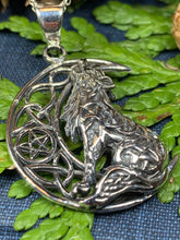 Load image into Gallery viewer, Wolf Necklace, Celtic Jewelry, Moon Necklace, Pagan Jewelry, Viking Jewelry, Crescent Moon Gift, Graduation Gift, Celestial Jewelry, Wiccan
