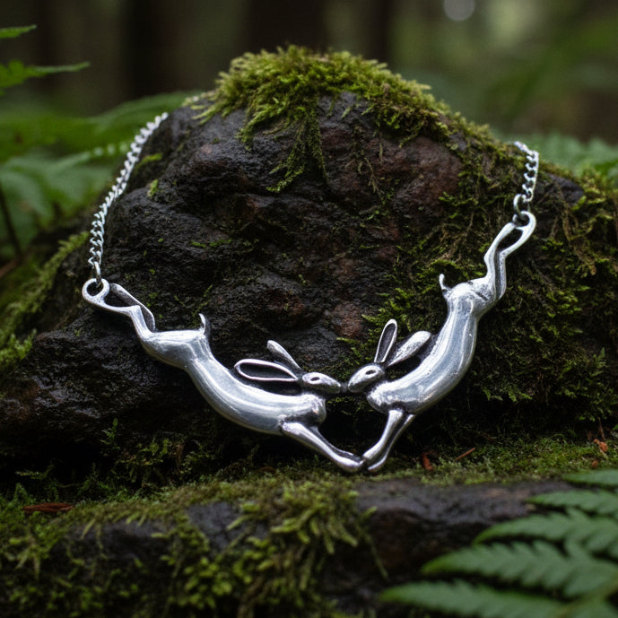 Two Rabbits Necklace in Pewter in silver