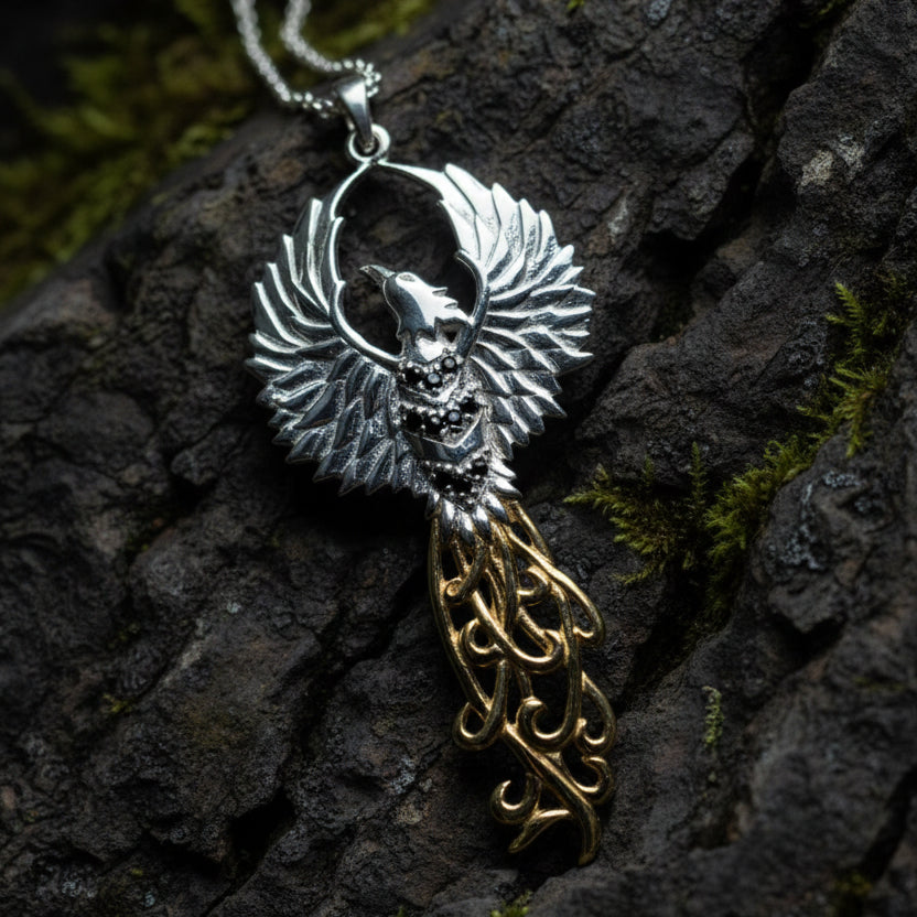Phoenix Necklace, Celtic Jewelry, Bird Pendant, Firebird Jewelry, Inspirational Gift, Pagan Jewelry, Viking Jewelry, Gothic Jewelry