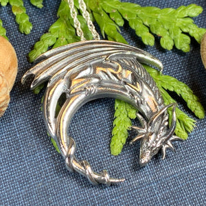 Dragon Moon Necklace, Celtic Jewelry, Pagan Jewelry, Gothic Necklace, Wiccan Jewelry, Welsh Dragon Pendant, Pagan Jewelry, Wales Jewelry