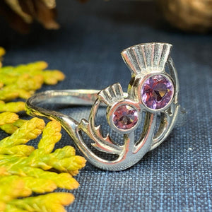 Thistle Ring, Celtic Jewelry, Scotland Jewelry, Amethyst Jewelry, Outlander Jewelry, Nature Ring, Thistle Jewelry, Mom Gift, Wife Gift