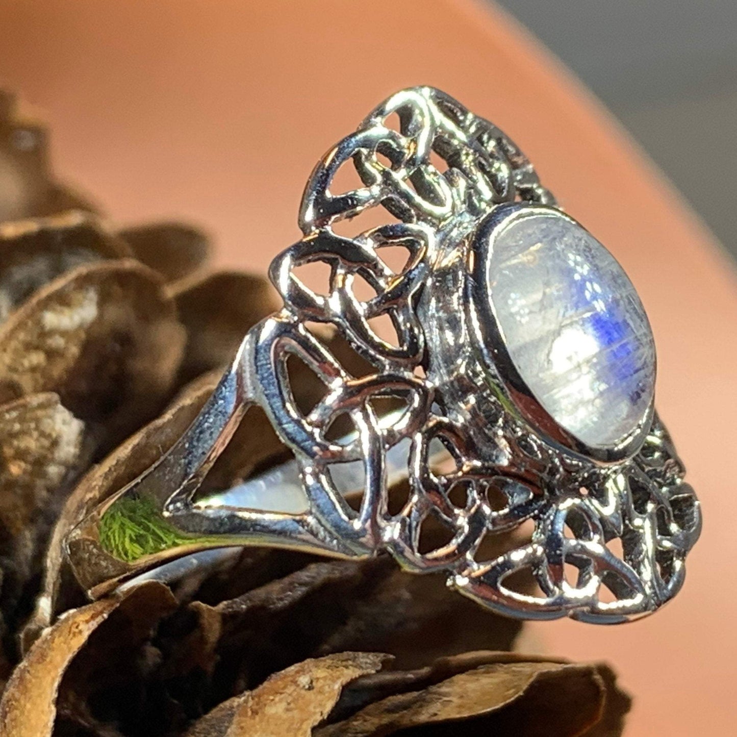 Celtic Starglow Moonstone Ring in Sterling Silver — view 10