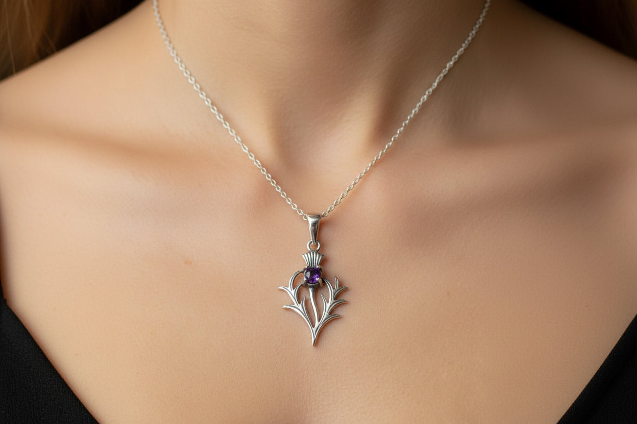Thistle Necklace, Outlander Jewelry, Scotland Jewelry, Celtic Jewelry, Sister Gift, Mom Gift, Wife Gift, Anniversary Gift, Amethyst Pendant