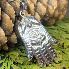 Load image into Gallery viewer, Hamsa Hand Necklace, Celtic Jewelry, Evil Eye Jewelry, Yoga Jewelry, Celtic Knot Jewelry, Protection Jewelry, Hand Jewelry, Yoga Gift
