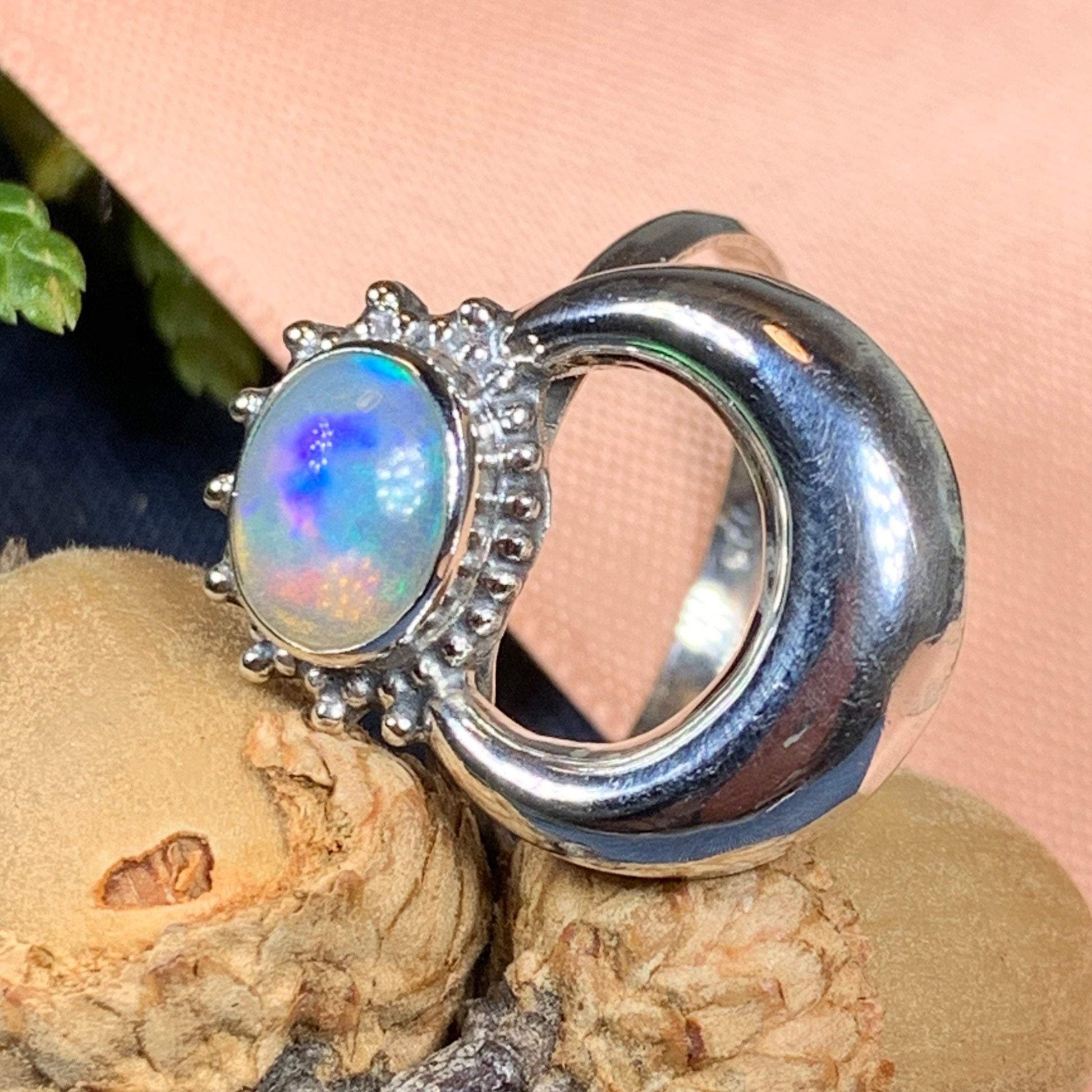 Crescent Moon Ring, Celtic Jewelry, Celestial Jewelry, Goddess Jewelry, Moon Ring, Wiccan Jewelry, Anniversary Gift, Opal Jewelry, Wife Gift