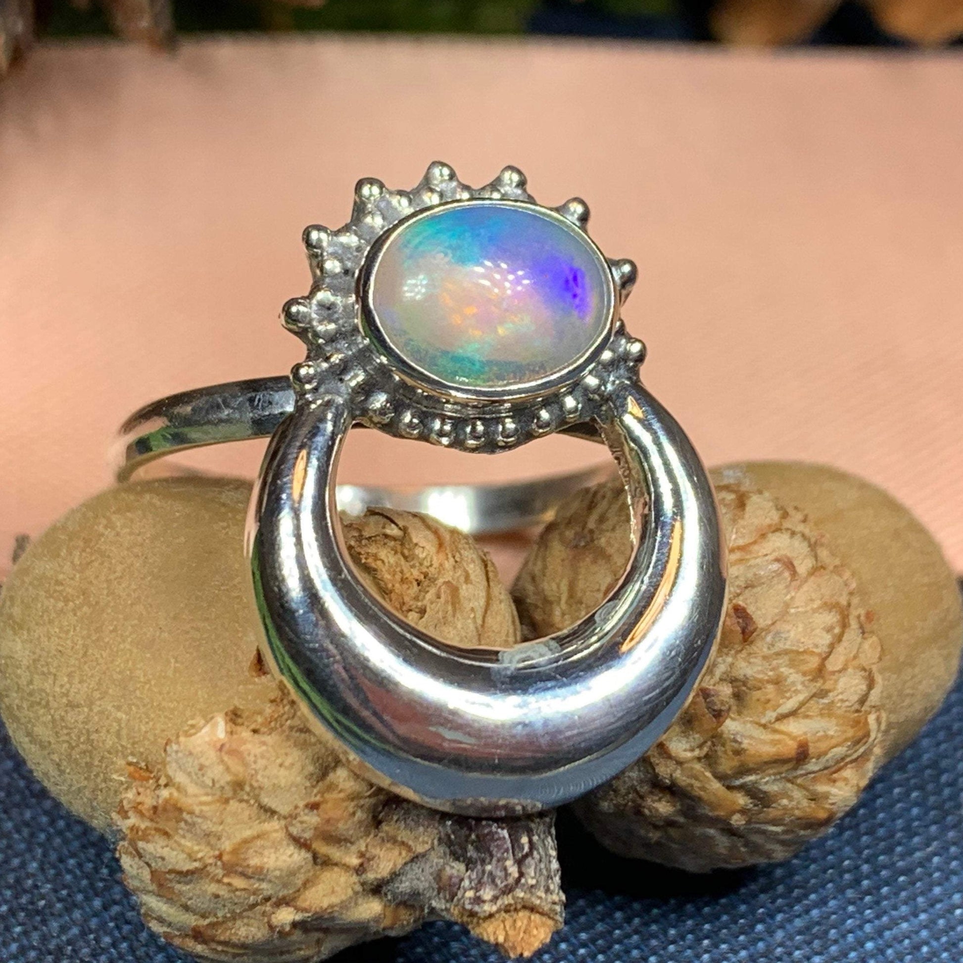 Crescent Moon Ring, Celtic Jewelry, Celestial Jewelry, Goddess Jewelry, Moon Ring, Wiccan Jewelry, Anniversary Gift, Opal Jewelry, Wife Gift