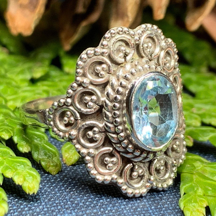 Celtic Queen Ring, Celtic Jewelry, Irish Jewelry, Peridot Ring, Irish Ring, Blue Topaz Ring, Anniversary Gift, Bridal Ring, Wiccan Gift