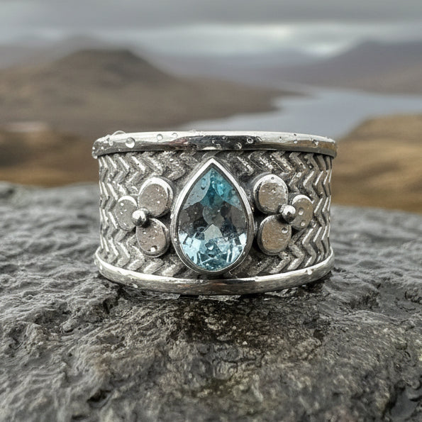 Celtic Flower Ring, Celtic Jewelry, Irish Jewelry, Blue Topaz Ring, Irish Ring, Irish Dance Gift, Anniversary Gift, Bridal Ring, Wiccan Gift