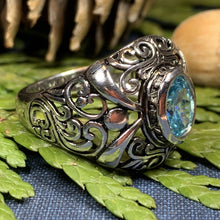 Load image into Gallery viewer, Celtic Morning Ring, Celtic Jewelry, Irish Jewelry, Blue Topaz Ring, Irish Ring, Irish Dance Gift, Anniversary Gift, Bridal Ring, Wiccan
