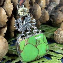 Load image into Gallery viewer, Dragon Necklace, Celtic Jewelry, Wales Jewelry, Peridot Necklace, Wiccan Jewelry, Crescent Moon Pendant, Pagan Jewelry, Gothic Jewerly
