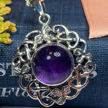 Load image into Gallery viewer, Shamrock Amethyst Necklace, Celtic Knot Jewelry, Irish Jewelry, Anniversary Gift, Ireland Gift, Wife Gift, Girlfriend Gift, Celtic Pendant
