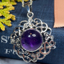 Load image into Gallery viewer, Shamrock Amethyst Necklace, Celtic Knot Jewelry, Irish Jewelry, Anniversary Gift, Ireland Gift, Wife Gift, Girlfriend Gift, Celtic Pendant
