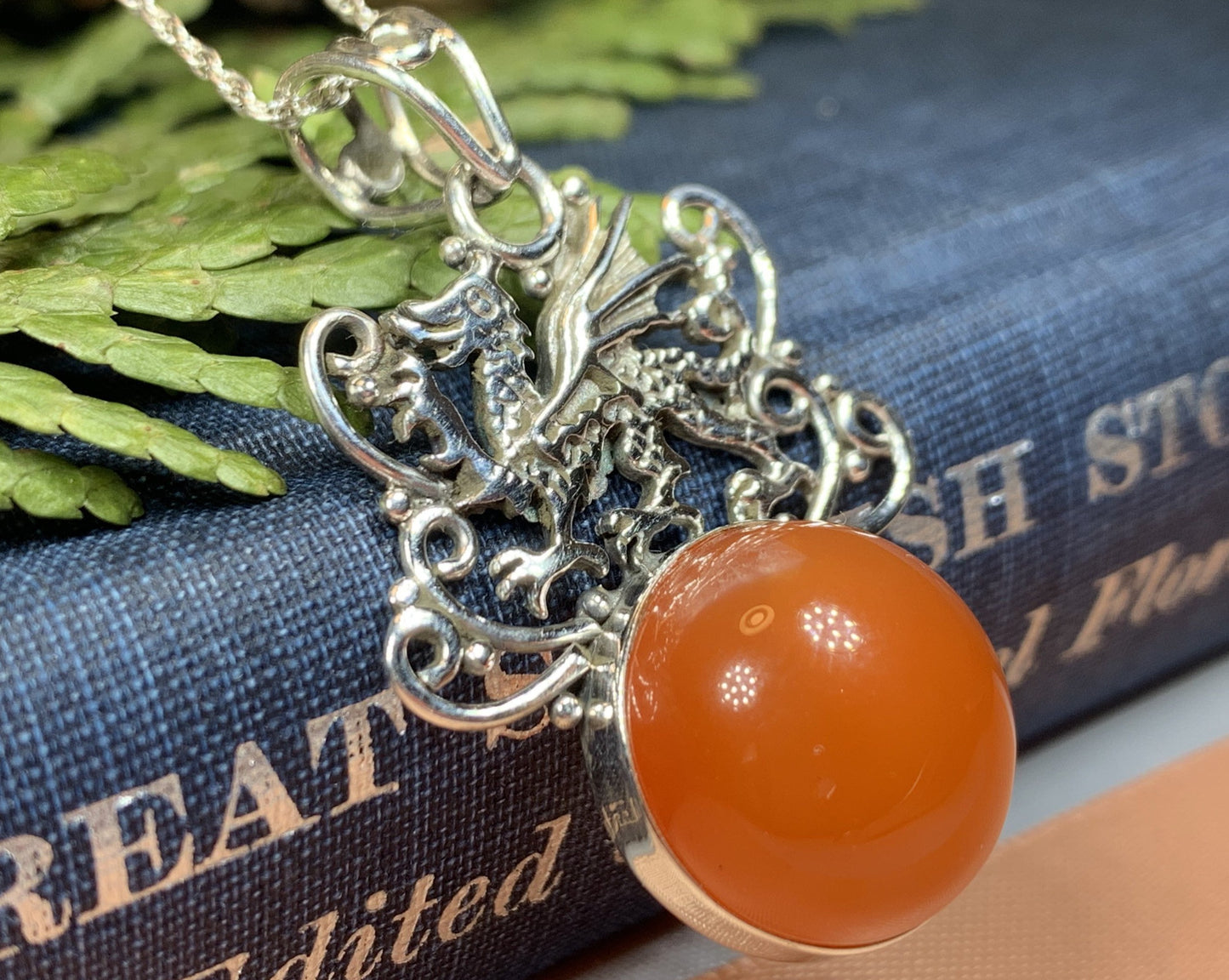 Dragon Necklace, Celtic Jewelry, Wales Jewelry, Honey Onyx Necklace, Wiccan Jewelry, Crescent Moon Pendant, Pagan Jewelry, Gothic Jewelry