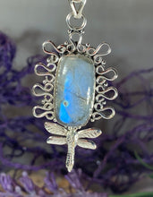 Load image into Gallery viewer, Dragonfly Necklace, Celtic Jewelry, Nature Jewelry, Labradorite Jewelry, Anniversary Gift, Insect Jewelry, Bridal Jewelry, Survivor Gift
