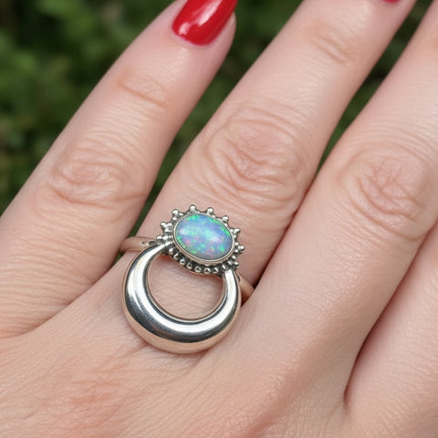 Load image into Gallery viewer, Crescent Moon Ring, Celtic Jewelry, Celestial Jewelry, Goddess Jewelry, Moon Ring, Wiccan Jewelry, Anniversary Gift, Opal Jewelry, Wife Gift
