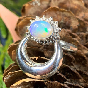 Crescent Moon Ring, Celtic Jewelry, Celestial Jewelry, Goddess Jewelry, Moon Ring, Wiccan Jewelry, Anniversary Gift, Opal Jewelry, Wife Gift