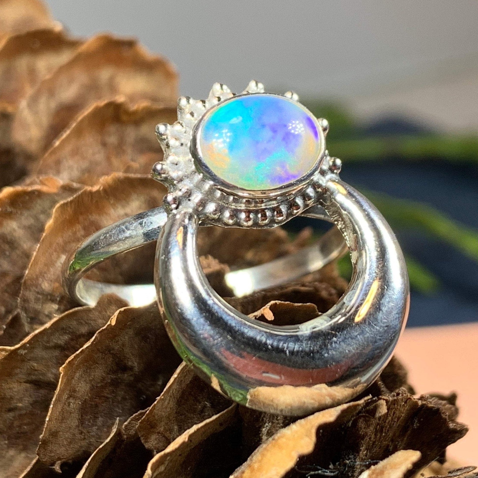 Crescent Moon Ring, Celtic Jewelry, Celestial Jewelry, Goddess Jewelry, Moon Ring, Wiccan Jewelry, Anniversary Gift, Opal Jewelry, Wife Gift