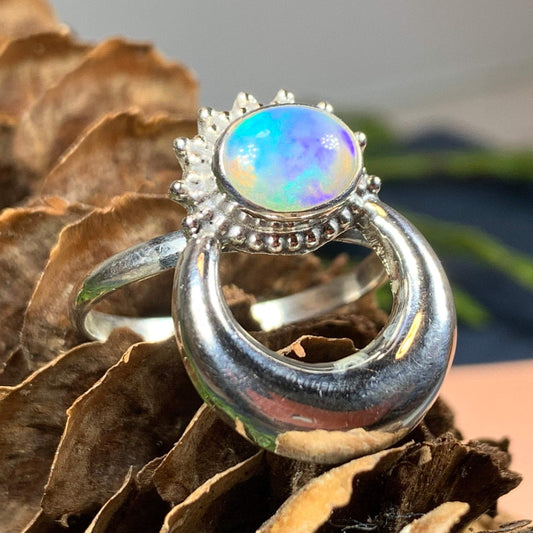 Crescent Moon Ring, Celtic Jewelry, Celestial Jewelry, Goddess Jewelry, Moon Ring, Wiccan Jewelry, Anniversary Gift, Opal Jewelry, Wife Gift