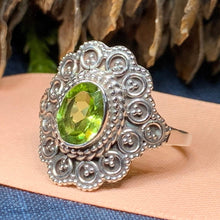 Load image into Gallery viewer, Celtic Queen Ring, Celtic Jewelry, Irish Jewelry, Peridot Ring, Irish Ring, Blue Topaz Ring, Anniversary Gift, Bridal Ring, Wiccan Gift
