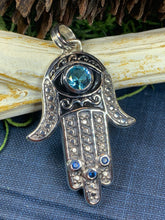 Load image into Gallery viewer, Hamsa Hand Necklace, Celtic Jewelry, Evil Eye Jewelry, Yoga Jewelry, Iolite Jewelry, Protection Jewelry, Hand Jewelry, Yoga Gift

