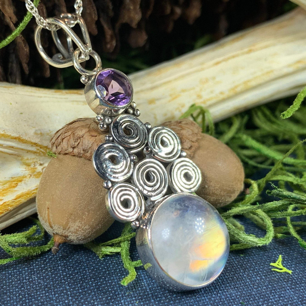 Moonstone Necklace, Amethyst Pendant, Celtic Jewelry, Celtic Spiral Pendant, Anniversary Gift, Wiccan Jewelry, Pagan Necklace, Wife Gift