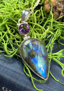 Labradorite Necklace, Gemstone Pendant, Nature Jewelry, Celtic Jewelry, Anniversary Gift, Wiccan Jewelry, Pagan Necklace, Amethyst Pendant