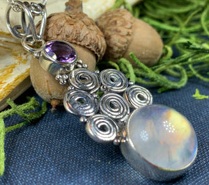 Moonstone Necklace, Amethyst Pendant, Celtic Jewelry, Celtic Spiral Pendant, Anniversary Gift, Wiccan Jewelry, Pagan Necklace, Wife Gift