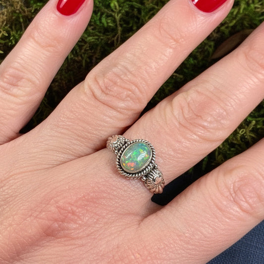 Highland Dawn Ring, Celtic Jewelry, Opal Ring, Gemstone Jewelry, Scotland Ring, Wiccan Jewelry, Anniversary Gift, Moonstone Jewelry