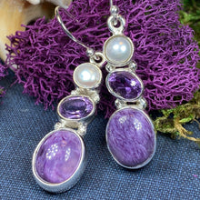 Load image into Gallery viewer, Purple Romance Earrings, Celtic Jewelry, Charoite Jewelry, Goddess Jewelry, Boho Gift, Wiccan Jewelry, Anniversary Gift, Mom Gift, Wife Gift
