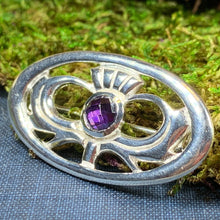 Load image into Gallery viewer, Thistle Brooch, Scotland Jewelry, Outlander Jewelry, Amethyst Brooch, Thistle Jewelry, Scottish Jewelry, Celtic Brooch, Anniversary Gift
