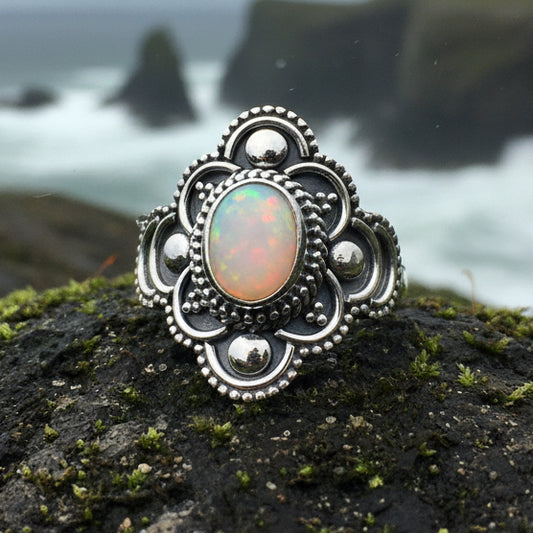 Highland Dawn Ring, Celtic Jewelry, Opal Ring, Gemstone Jewelry, Scotland Ring, Wiccan Jewelry, Anniversary Gift, Opal Jewelry, Wife Gift