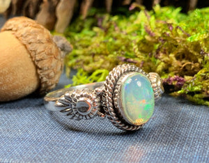 Highland Dawn Ring, Celtic Jewelry, Opal Ring, Gemstone Jewelry, Scotland Ring, Wiccan Jewelry, Anniversary Gift, Moonstone Jewelry