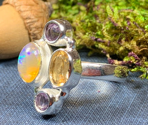 Highland Summer Ring, Celtic Jewelry, Opal Ring, Gemstone Jewelry, Scotland Ring, Wiccan Jewelry, Anniversary Gift, Moonstone Ring, Mom Gift