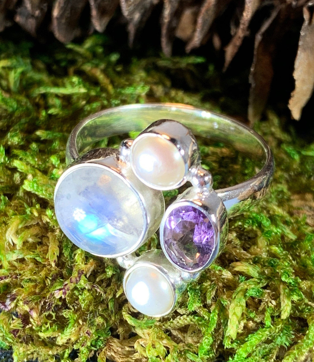Highland Summer Ring, Celtic Jewelry, Opal Ring, Gemstone Jewelry, Scotland Ring, Wiccan Jewelry, Anniversary Gift, Moonstone Ring, Mom Gift