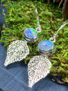 Celtic Leaf Earrings, Celtic Jewelry, Opal Jewelry, Leaf Jewelry, Mom Gift, Wiccan Jewelry, Wife Gift, Anniversary Gift, Sister Gift