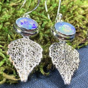 Celtic Leaf Earrings, Celtic Jewelry, Opal Jewelry, Leaf Jewelry, Mom Gift, Wiccan Jewelry, Wife Gift, Anniversary Gift, Sister Gift