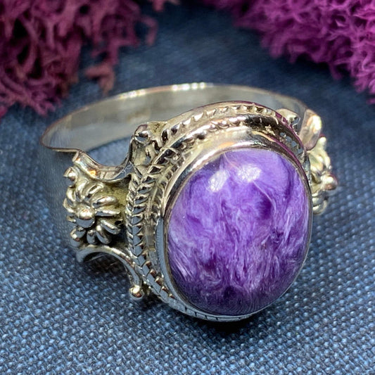 Purple Romance Ring, Celtic Jewelry, Charoite Jewelry, Goddess Jewelry, Boho Ring, Wiccan Jewelry, Anniversary Gift, Mom Gift, Wife Gift