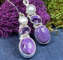 Load image into Gallery viewer, Purple Romance Earrings, Celtic Jewelry, Charoite Jewelry, Goddess Jewelry, Boho Gift, Wiccan Jewelry, Anniversary Gift, Mom Gift, Wife Gift
