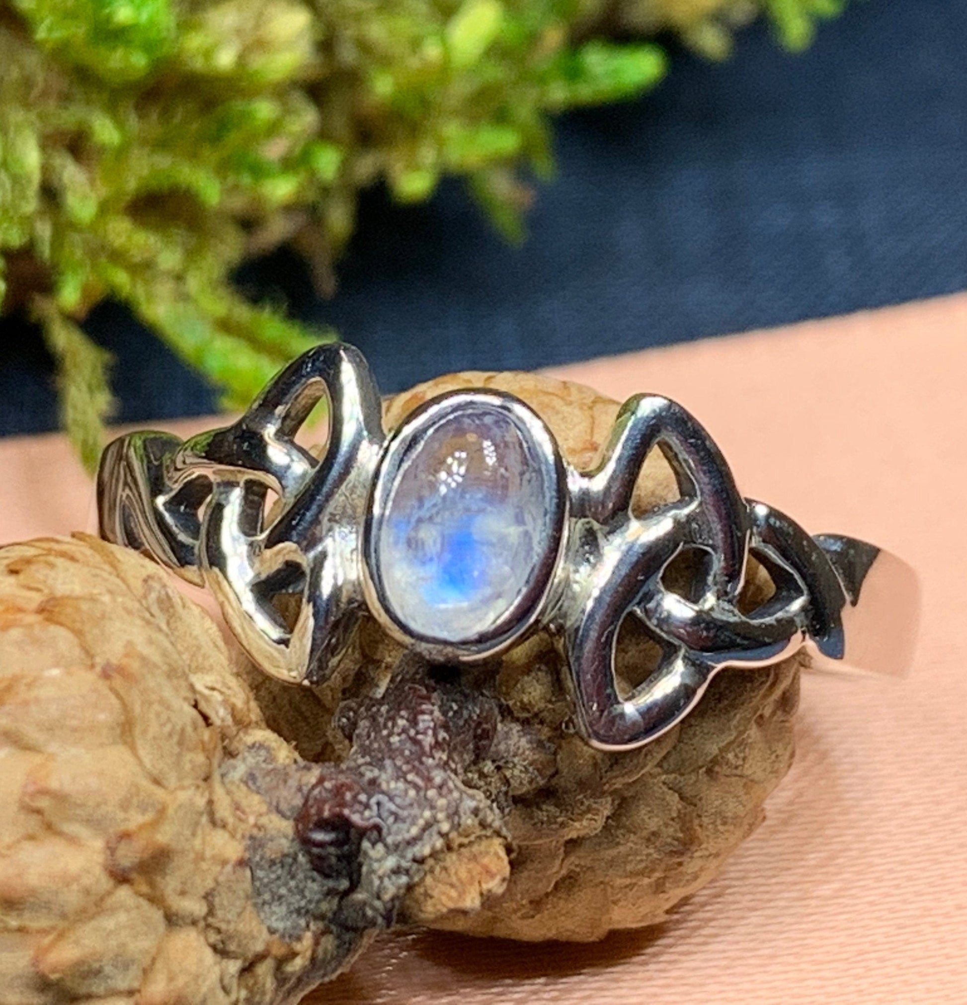 Damask Trinity Knot Moonstone Ring in Sterling Silver — view 8
