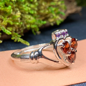 Claddagh Ring, Celtic Jewelry, Irish Jewelry, Celtic Knot Jewelry, Irish Ring, Irish Dance Gift, Anniversary Gift, Bridal Ring, Garnet Ring