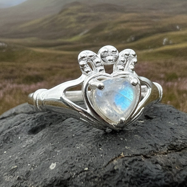 Cherish Moonstone Claddagh Ring in Sterling Silver