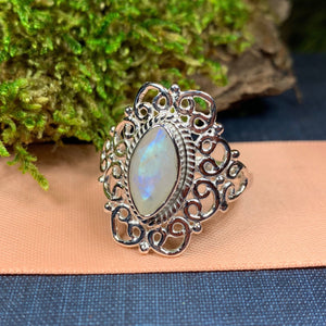 Celtic Spiral Ring, Moonstone Jewelry, Large Moonstone Ring, Celestial Jewelry, Celtic Jewelry, Anniversary Gift, Wiccan Jewelry, Boho Ring