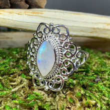 Load image into Gallery viewer, Celtic Spiral Ring, Moonstone Jewelry, Large Moonstone Ring, Celestial Jewelry, Celtic Jewelry, Anniversary Gift, Wiccan Jewelry, Boho Ring
