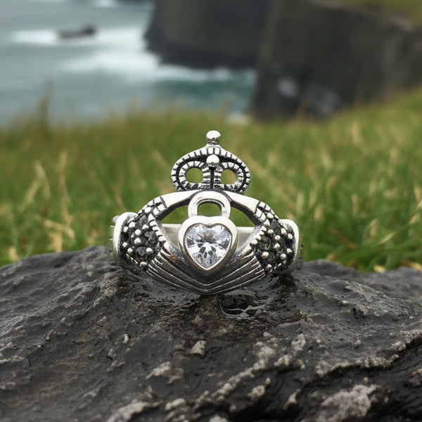 Devotion Marcasite Irish Claddagh Ring in Sterling Silver — view 6