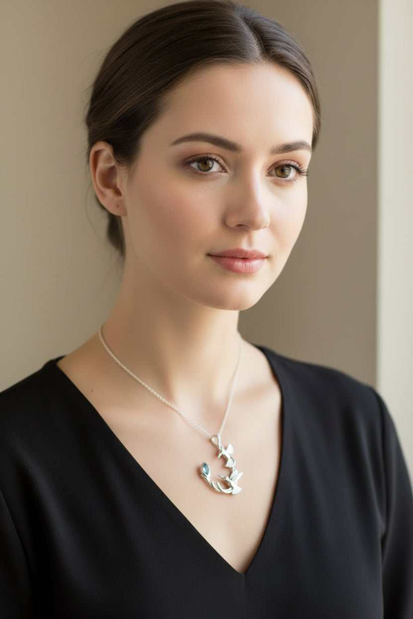 Hummingbird Necklace, Silver Celtic Jewelry, Bird Jewelry, Birds Pendant, Nature Jewelry, Tree Jewelry, Anniversary Gift, Graduation Gift