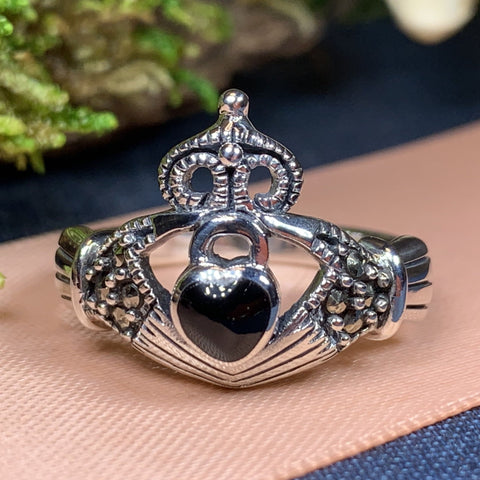 Load image into Gallery viewer, Claddagh Ring, Celtic Jewelry, Irish Jewelry, Celtic Knot Jewelry, Onyx Irish Ring, Irish Dance Gift, Anniversary Gift, Luckenbooth Ring
